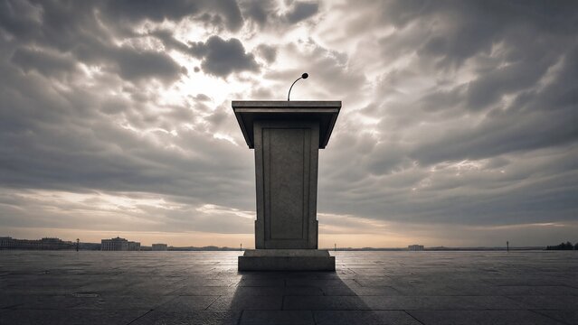 An isolated towering lectern with a microphone in the center of a vast empty square.