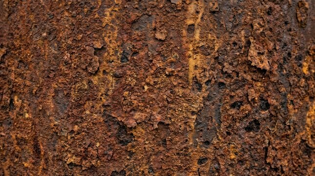 A close-up shot of heavily rusted metal. The surface exhibits a rough, textured appearance with deep pits and varying shades of reddish-brown.