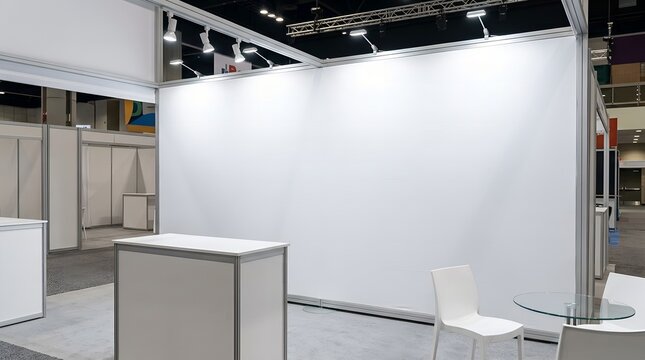 Exhibition hall mockup with blank white backdrop wall and display table setup for an event