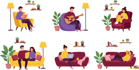 Fototapeta premium Cozy Home Lifestyle Scene Set with People Reading, Playing Guitar, Using Laptop, and Relaxing on Sofa for Interior and Leisure Illustrations