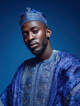 Hausa man in embroidered boubou posing against a blue gradient background