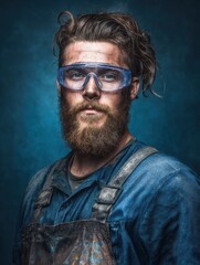 Fototapeta premium Male glassblower in protective gear with heatworn face in studio portrait