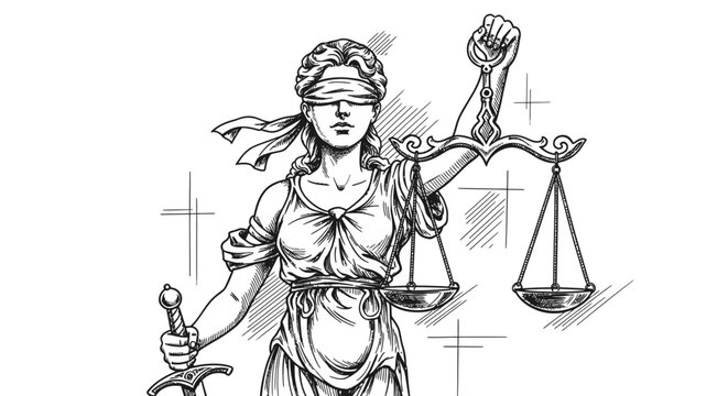 Black and white sketch illustration of Lady Justice holding scales and a sword.