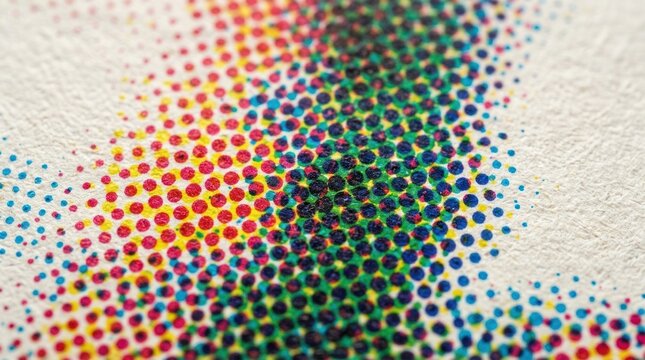 A close-up image shows a dense, colorful pattern of dots forming a vague, abstract shape.