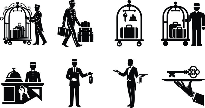 Hotel bellhop and hospitality service silhouette vector bundle featuring doorman luggage carts reception desk keys and luxury concierge staff