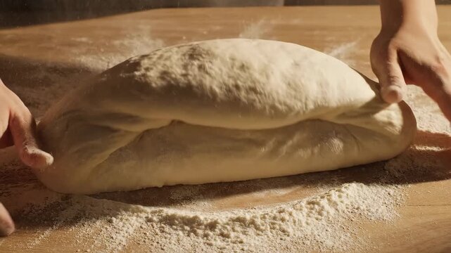 Bread dough kneading close-up slow motion, cream dough folding on floured wood surface with flour dust clouds lifting, tactile baking loop, artisan food brand bakery lifestyle video.