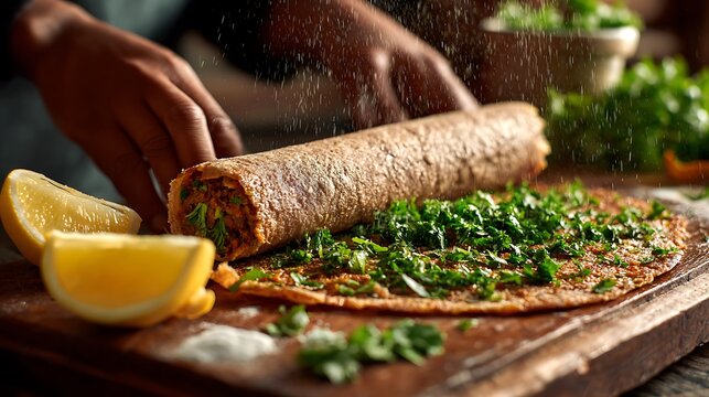 Lahmacun being rolled with fresh parsley