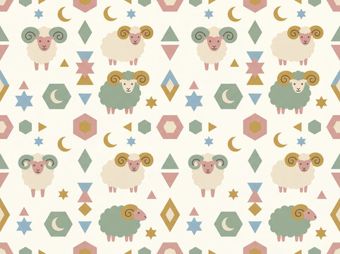 Boho seamless pattern with stylized rams and geometric shapes