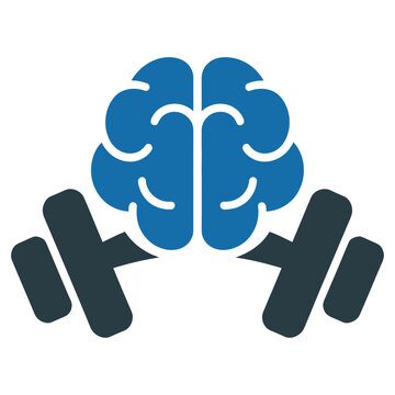 Blue vector of a human brain lifting barbells, symbolizing mental strength and cognitive training.