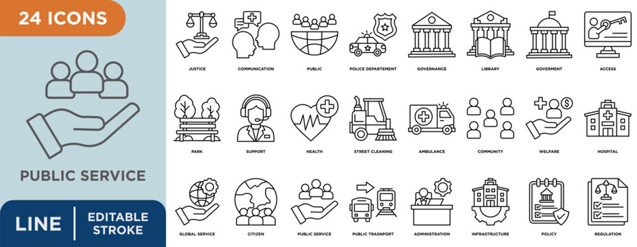 Public service Prevention line icon set with editable stroke for public transport, public, police department, governance, library, and government