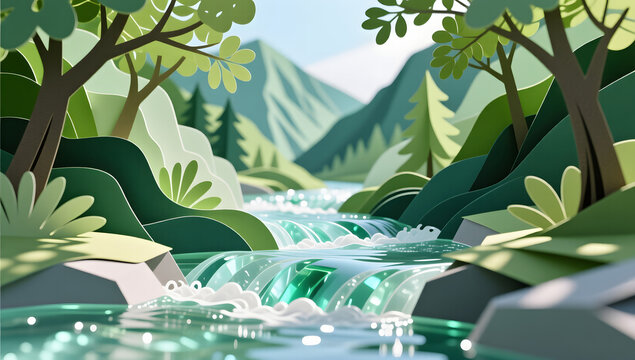 Modern paper relief of a cool forest stream