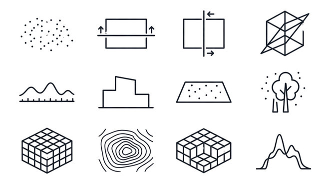 Point cloud and 3D data scanning vector line art icon set, Illustrating geospatial mapping elements, point cloud data, topography lines, 3D grids, geometry meshes, and scanner paths