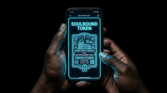 Hands holding smartphone displaying Soulbound Token SBT digital identity on screen.