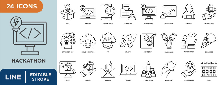 Hackathon Public service Prevention line icon set with editable stroke for idea, laptop, digital lock, data hack, hackathon, developer, hacker, and technology