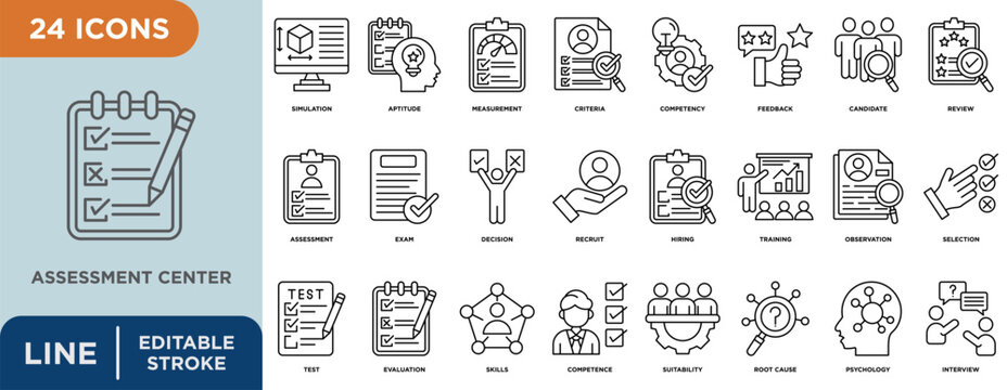 Assessment center line icon set with editable stroke for test, evaluation, skills, root cause, psychology, assessment, exam, and decision