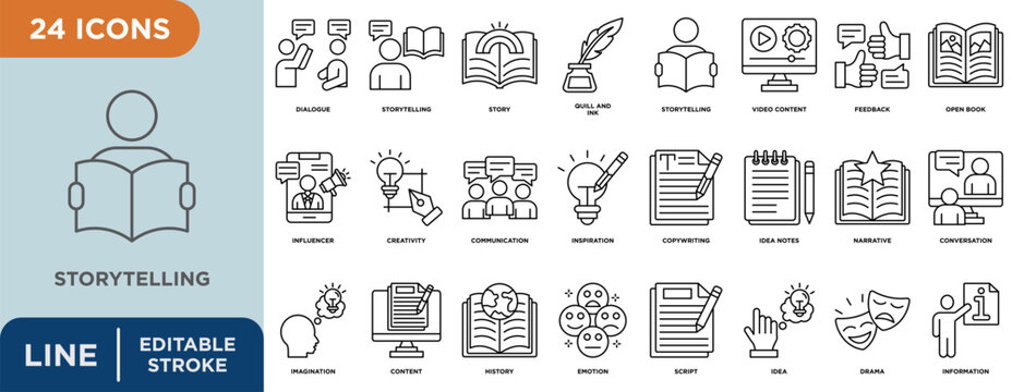 Storytelling line icon set with editable stroke for dialogue,story, quill and ink, storytelling, video content, feedback, and open book