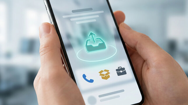 Hands holding a smartphone with a glowing upload outbox icon on the screen, showing digital file transfer and cloud storage for modern business use.