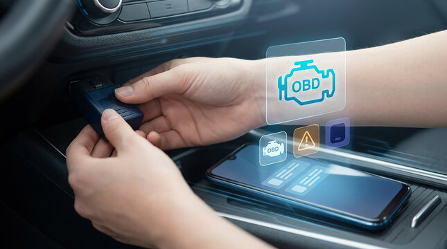 Automotive Diagnostic Tool Plugging OBD2 Scanner into Car Port with Futuristic Holographic Interface and Smartphone App for Engine Troubleshooting