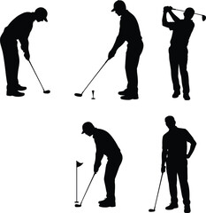 Naklejka premium Golf player silhouettes vector icons set featuring male golfers swinging clubs putting and posing isolated on white background