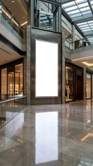 Fototapeta premium A large blank white mockup poster stands in a spacious shiny shopping mall interior with people around.