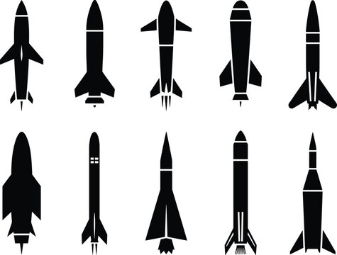 Military missile and space rocket black silhouettes vector icon set featuring ballistic weapon illustrations isolated on white background