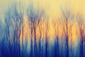Fototapeta premium Abstract Impressionistic Forest Scene with Blurry Trees and Golden Sky.