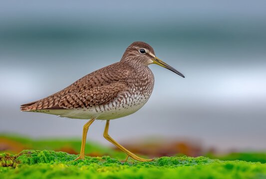 A solitary sandpiper bird with long beak walks on green grass near water.