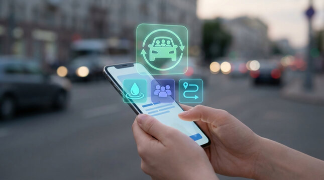 Hand holding a smartphone with carpooling and ride-sharing holographic icons on a blurred city street background for sustainable urban mobility.