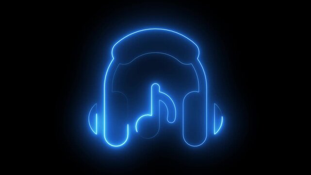 Neon glowing headphones with music note animation on black background, for audio and, sound concept