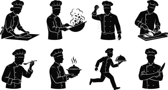 Professional restaurant chef and baker silhouette vector bundle doing food preparation cooking baking and serving dinner
