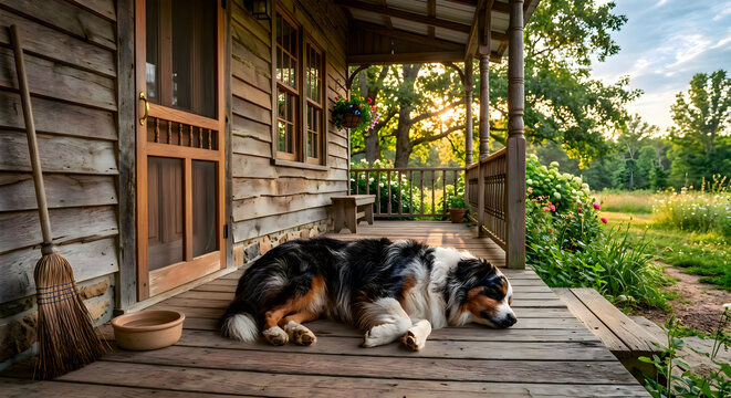 Dog that is laying on the porch of a house, cute domestic pet animal character backyard cottage residential building, home lifestyle background portrait