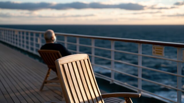 abandoned cruise ship, deserted cruise ship deck in quarantine with empty lounge chairs, warning signs, lone masked passenger gazing at ocean sunset adds to the isolated vibe ultra-realistic