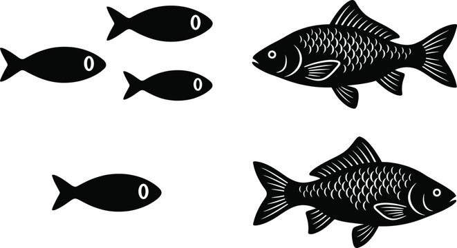 Set of black fish icons and carp silhouettes with scale details isolated on a white background vector illustration