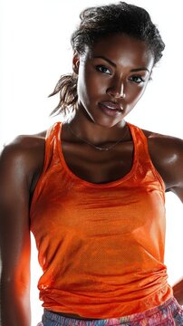 A fit, sweaty woman in an orange tank top gazes intensely against a white background, embodying fitness and determination.