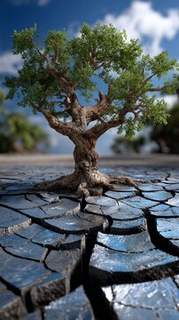 A resilient tree stands alone on cracked, dry earth, symbolizing survival against drought while the blue sky background offers hope for environmental restoration.