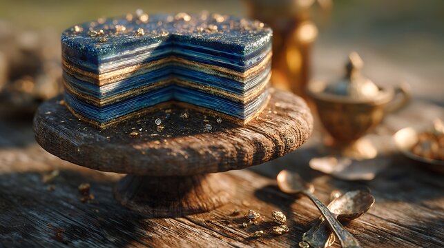 Traditional Lapis Legit cake with dozens of golden-brown layers, rustic wooden cake stand