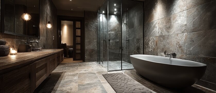 Luxurious dark marble bathroom interior with a freestanding tub and glass shower serves as a sophisticated background for design concepts.