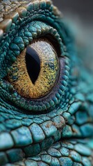 Naklejka premium A macro close-up of a reptilian eye with intricate golden iris patterns and teal scales serves as a dramatic background for wildlife education and conservation themes.