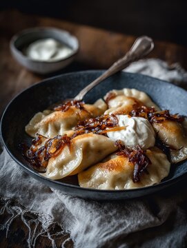 Traditional Polish pierogi with caramelized onions and sour cream served on a linen cloth in warm light.