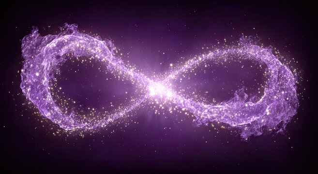 Abstract glowing purple infinity symbol made of light particles on black background.