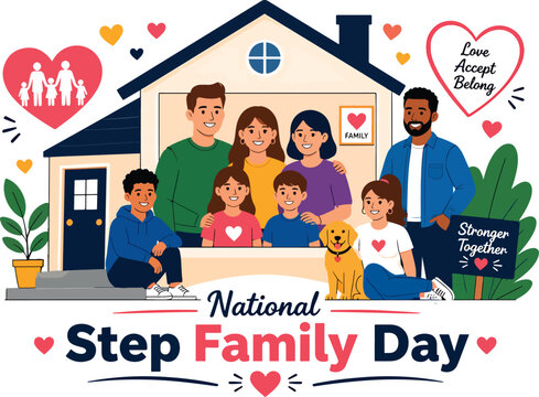 National Step Family Day flat vector illustration featuring a welcoming house with blended family members gathered together inside and around the home
