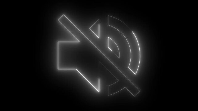 Neon mute symbol glowing on black background, audio off sign animation for digital interface sound speaker