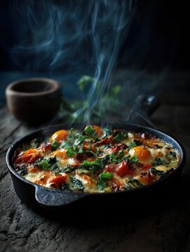 Basque salt cod omelette with piperade sauce in a cast iron pan under moody lighting.