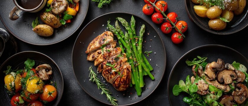 Elegant dinner flat lay featuring grilled chicken and roasted vegetables