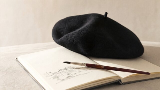 Classic beret and paintbrush resting on an open sketchbook in soft light.