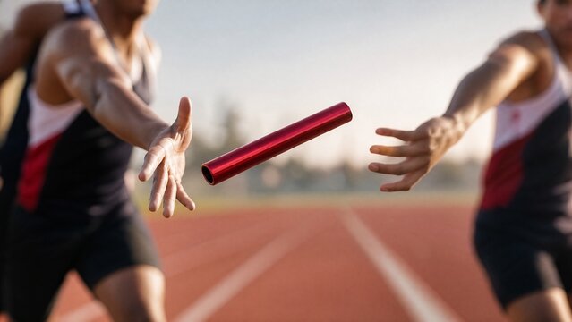 Relay baton in mid-air transfer between two blurred runners on a track.