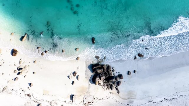 Faszinierende Drohnenaufnahme vom Plage de Boutrouilles: T&uuml;rkisblaues Wasser und wei&szlig;er Gischt-Schaum treffen auf hellen Sandstrand und markante, dunkle Granitfelsen.