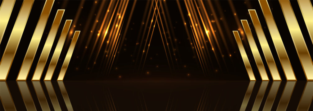 Award ceremony background with golden shapes and light rays. Abstract luxury wide banner. Vector illustration.