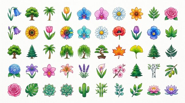 水彩 自然 花 アイコンのセット素材