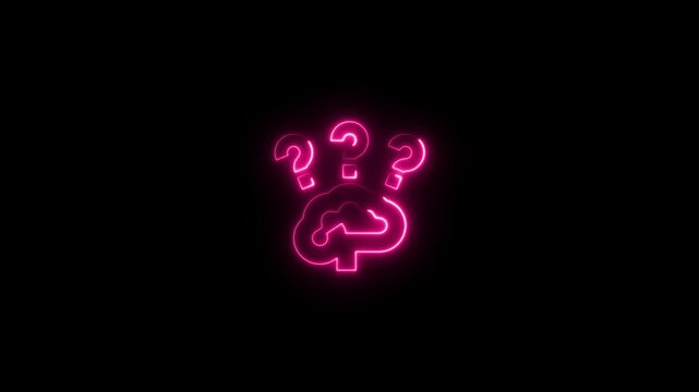 A neon pink brain with question marks floating above it on a black background symbolizing confusion or uncertainty in a thoughtprovoking concept